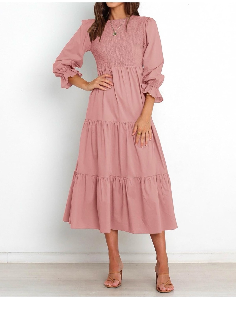 BTFBM Women Casual Long Sleeve Crew Neck Fall Dress in Blush Pink